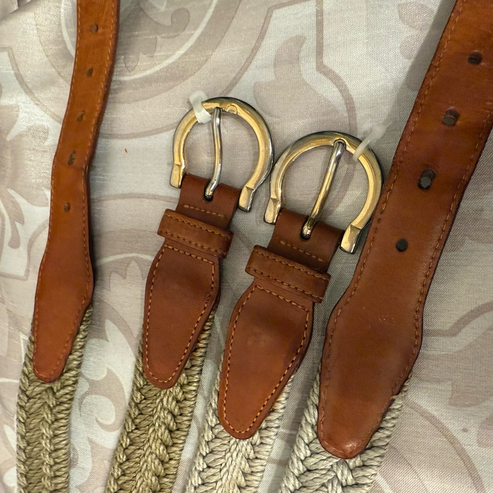 Tuttle Golf Collection Belts. Beige and Tan Leather Belts with Gold Buckles pair